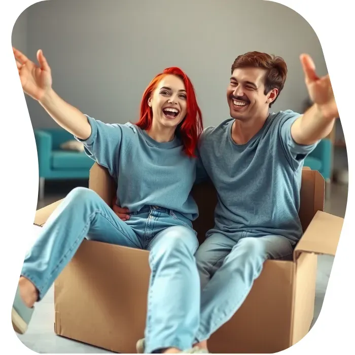 Two guys sitting on the floor of their apartment with Muval moving boxes